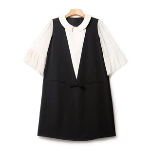 几何撞色分割花苞纱袖 LSQ22854 H形连衣裙