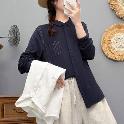 双层棉纱刺绣减龄长袖衬衫女