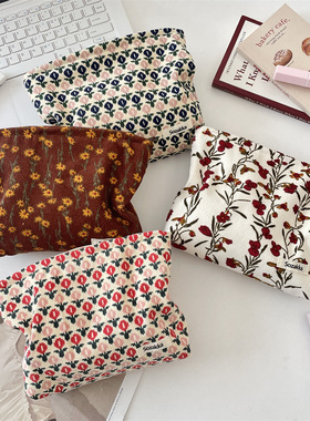 灯芯绒复古花朵化妆包女便携便携手拿随身洗漱袋手拿