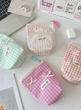 清新格纹蝴蝶结收纳包化妆包水乳收纳大容量杂物旅行洗漱