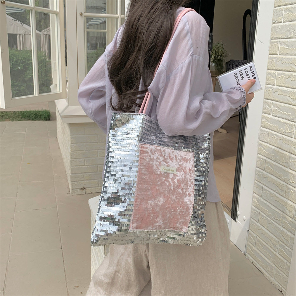 新款流行闪闪粉拼银亮片小众大容量通勤单肩帆布包手提包,箱包皮具/热销女包/男包,通用款女包,淘宝优惠券,粉丝福利购,淘宝优惠卷