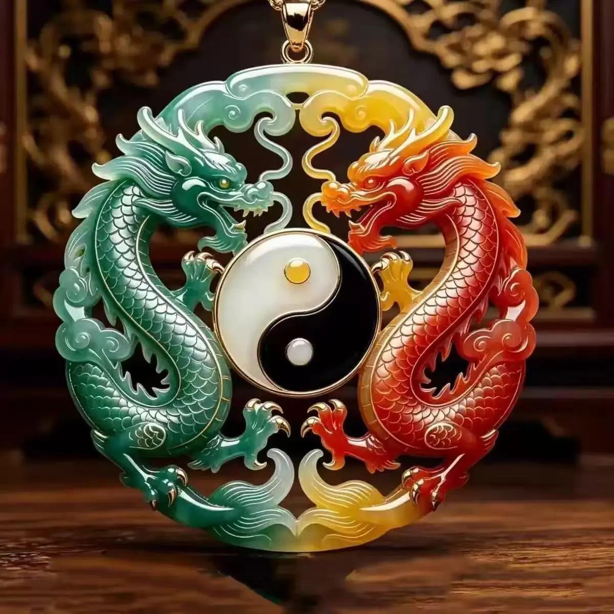合金珐琅项坠/吊坠圆白玉石双龙太极吊坠护佑平安事业顺遂男女