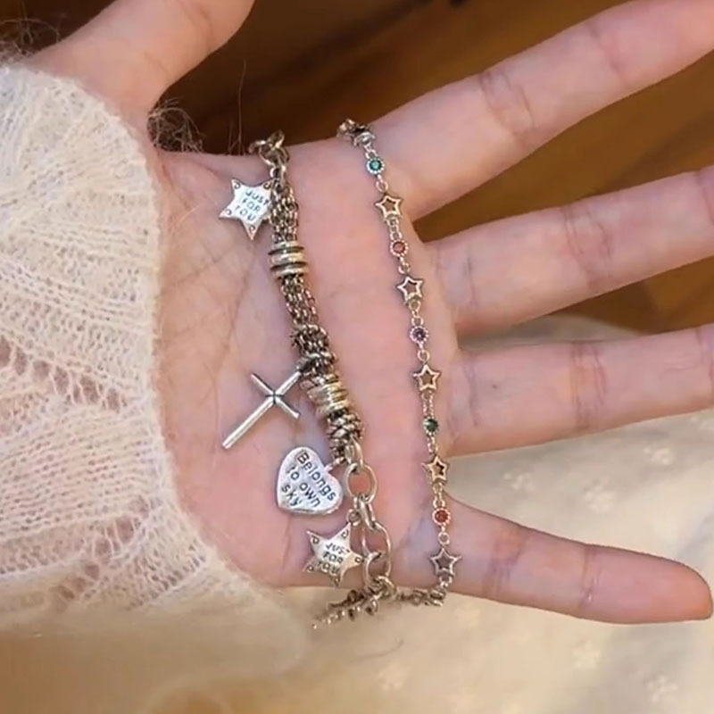 小红书爆款叠戴韩系十字架爱心吊坠跑环手链星星手环配饰一件代发