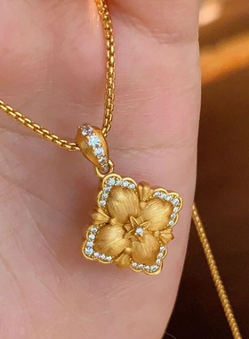 法式复古意大利中古拉丝双面镶钻四叶草项链宫廷布契风百搭锁骨链