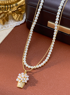 小众设计感满钻小花篮吊坠珍珠双层项链女气质时尚百搭锁骨链批发