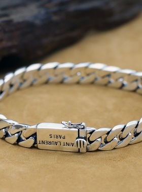正宗S925纯银简约光身银链韩版情侣刻字手链泰银男士古巴链个性送