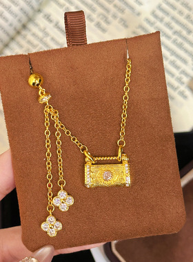 小红书爆款拉丝四叶花长命锁包项链古法金国潮复古花丝如意锁吊坠