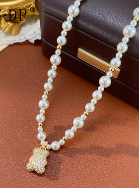 法式时尚温柔百搭锆石小熊珍珠项链精致简约设计感超闪锁骨链批发