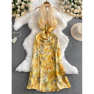 优雅气质网纱拼接带胸垫V领挂脖连衣裙女夏季 复古高级感提花长裙