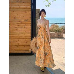 适合去新疆旅游穿搭复古油画风拼接网纱连衣裙女法式 挂脖长裙 无袖