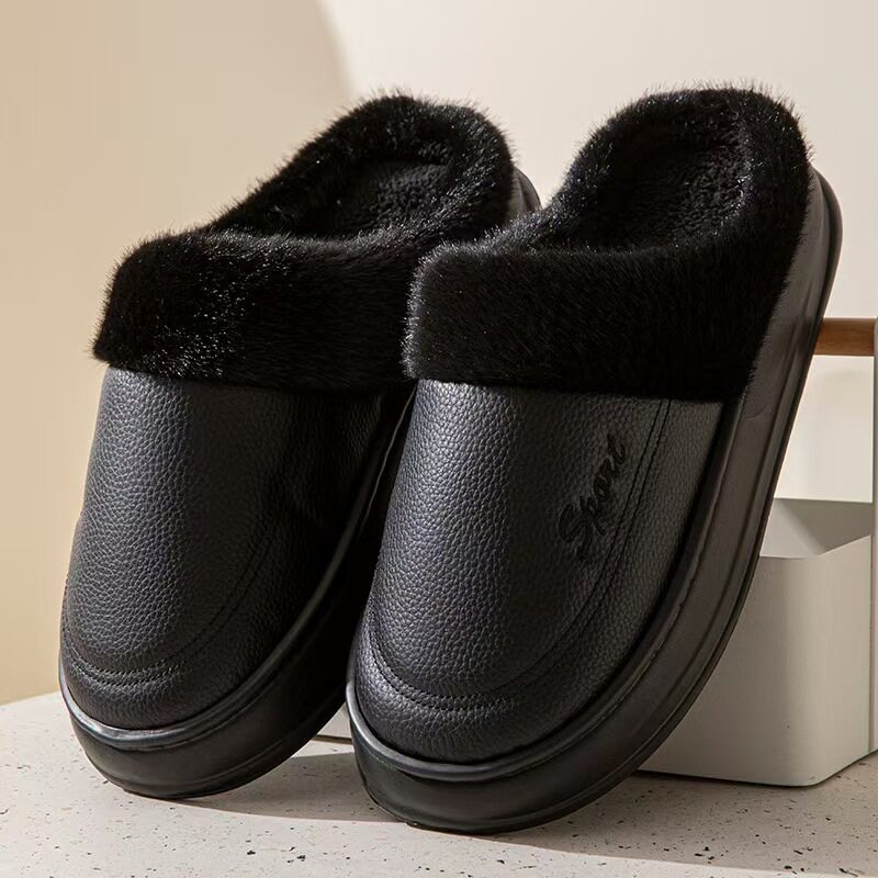 冬季特大码棉拖鞋男PU皮拖鞋防水厚底家居室内防滑保暖鞋47 48 49