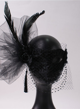 黑色侧变花夸张全脸羽毛美女舞台舞会派对抖音面具成人女人假面