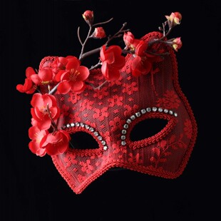 中国风梅花红色汉服半脸猫面具cosplay派对聚会成人女神生假面罩