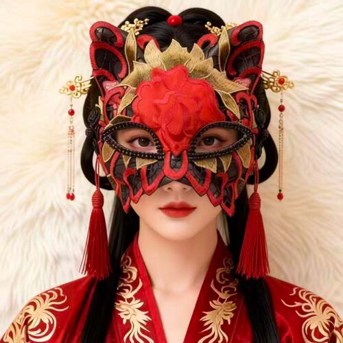狐狸猫面具半脸酒红色成人假面