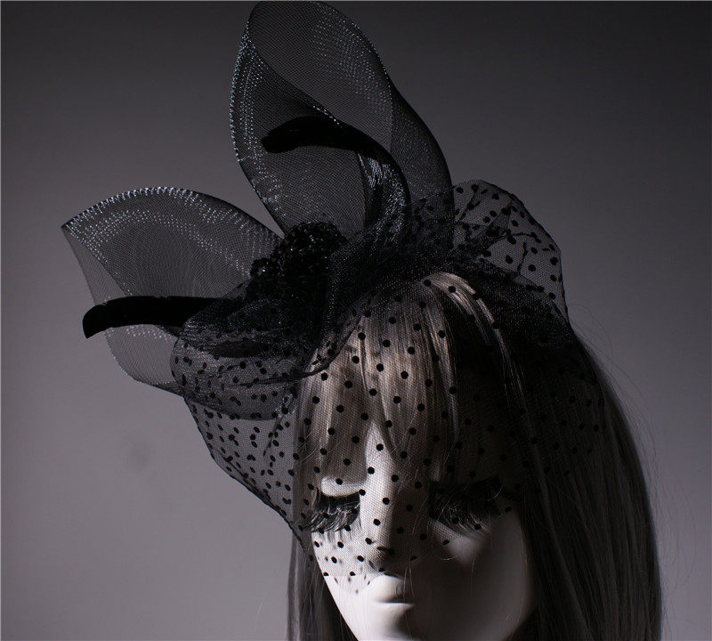 兔耳朵头饰lolita面纱神秘性感兔女郎头饰摄影楼写真造型黑色发饰