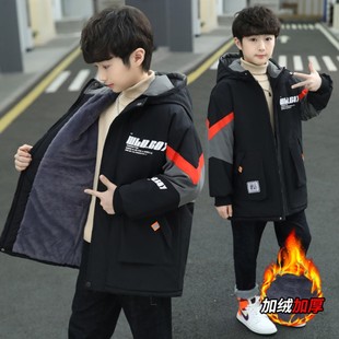 男童冬装加绒外套2025新款男孩中大童加厚中长款风衣秋冬装棉衣潮