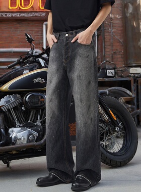 AC风格2021M版型黑色超好看男款牛仔裤泼墨设计微喇直筒宽松裤子