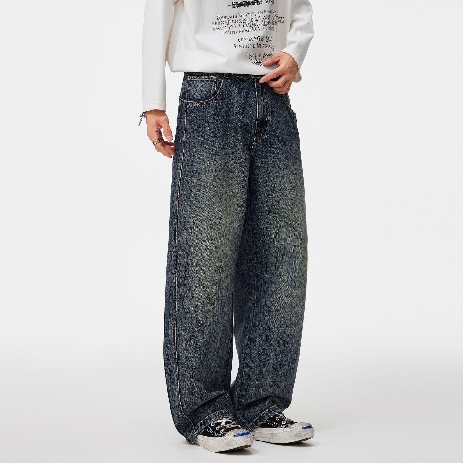 美式复古牛仔裤男秋季垂感休闲直筒阔腿宽松vibe长裤子