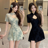 套装 女主播上镜连衣裙夏季 显瘦短款 足浴桑拿技师改良旗袍国风修身