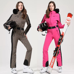 户外保暖冲锋衣潮 滑雪衣套装 gsousnow滑雪服女连体时尚 千鸟格修身