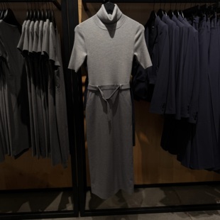 Theory女士羊毛混纺高领针织拼接腰带修身连衣裙职场商务美国代购