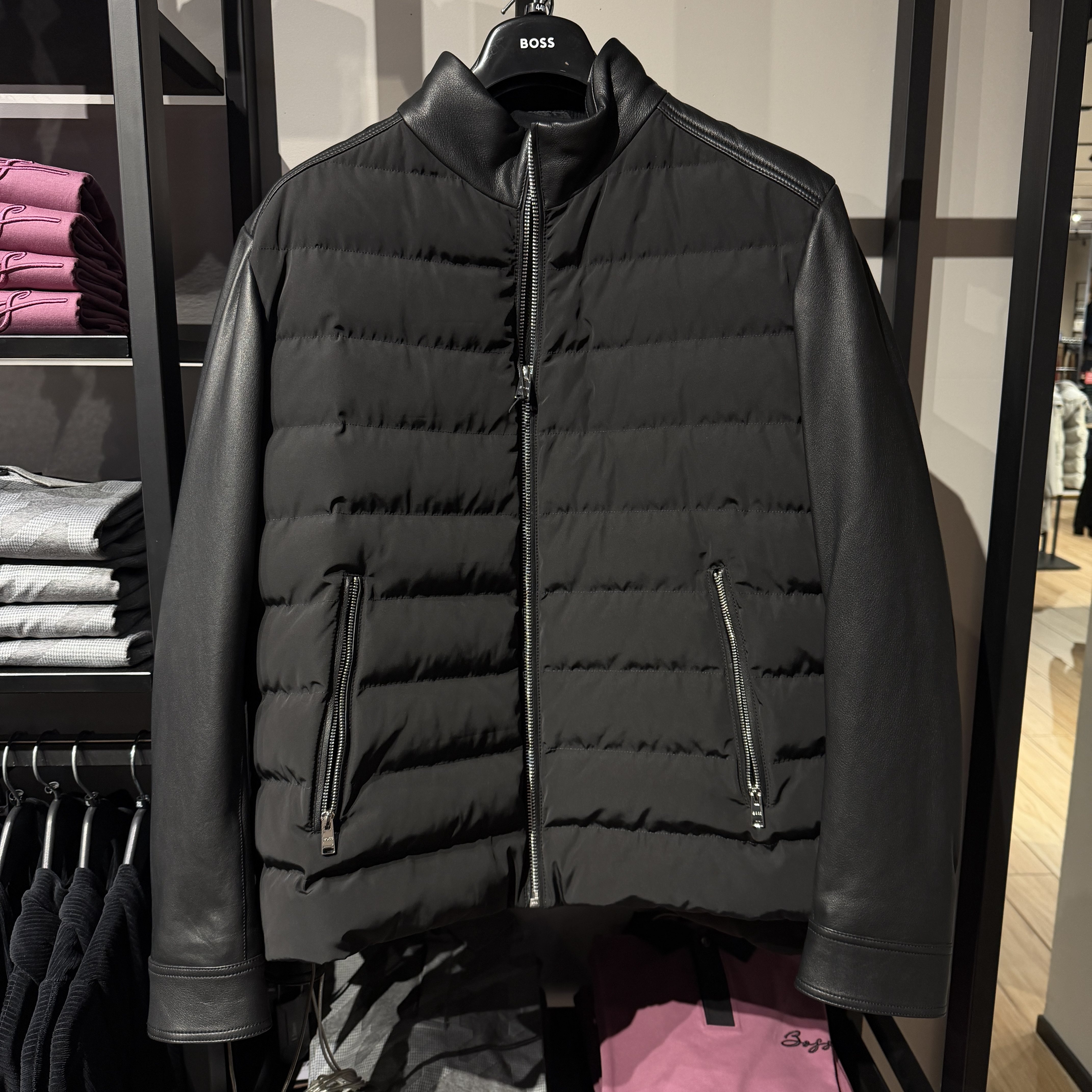 HUGO BOSS男士拼皮夹克棉服外套 羔羊皮拼聚酯纤维棉服夹克