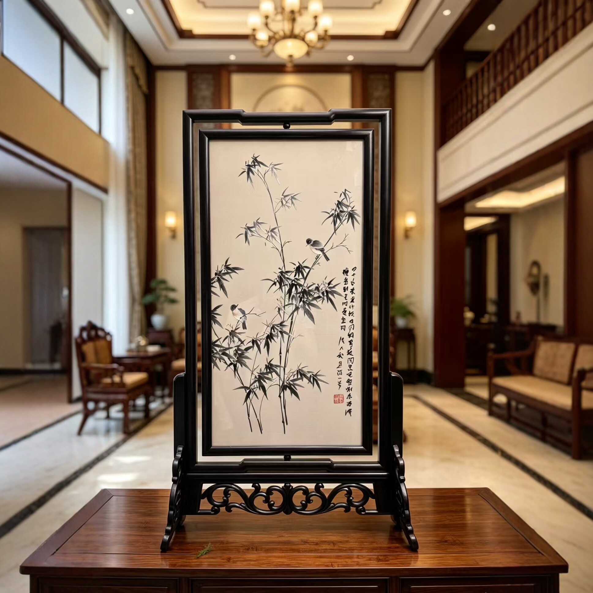 中式竹子花鸟画非遗苏绣双面刺绣屏风书桌摆件桌面装饰品东方美学