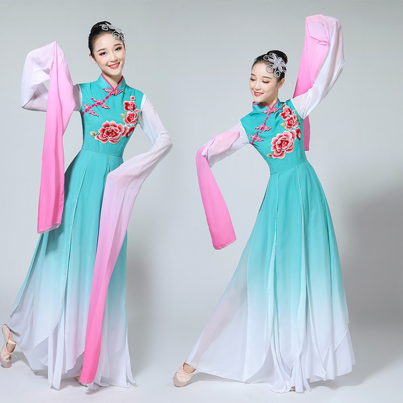 古典舞演出服女飘逸清新淡雅中国风伞舞扇子古典民族舞蹈服装水袖