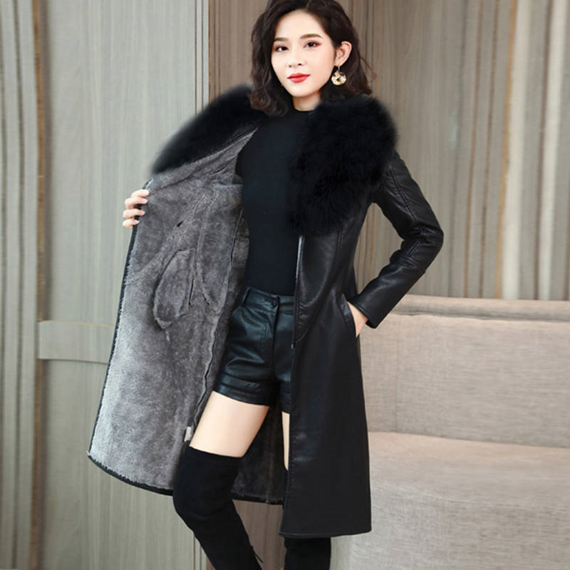大毛领春秋冬PU皮衣女加绒加厚中长款韩版2023新款皮毛一体外套潮_虎窝淘