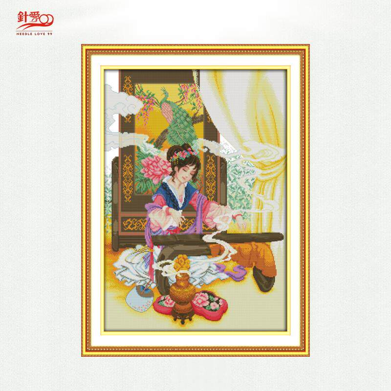 针爱99十字绣客厅书房新款人物挂件古代美女抚琴中国风印花刺绣画