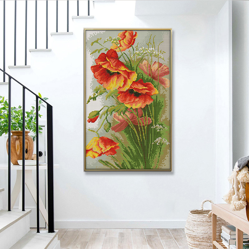 罂粟花十字绣满绣2026新款线绣自己绣手工刺绣竖版欧式客厅餐厅画
