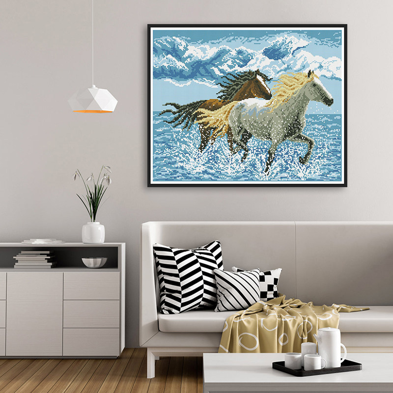 钻石画满钻新款2026装饰品客厅骏马图两匹马动物系列手工钻十字绣
