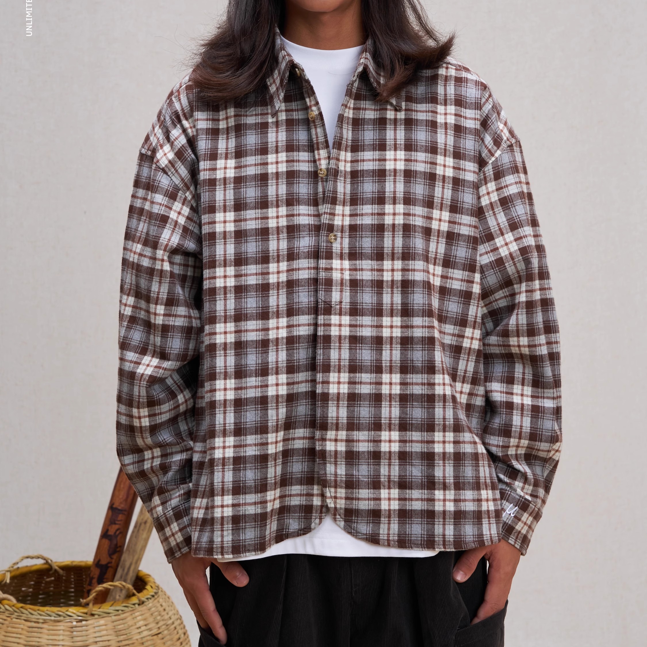 Unlimited Mote〔假套头衬衫〕纯棉磨毛日系格纹半开领衬衫