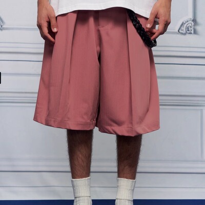 Unlimited Mote〔粉气球〕粉色暗条纹日系阔腿六分短裤中裤