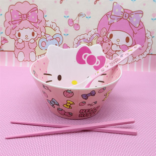 哈喽kitty碗筷套装三件套可爱凯蒂猫加勺子猫防摔儿童餐具