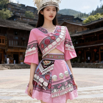 新款苗族服装女少数民族服饰成人演出服土家族舞蹈表演服套装粉色
