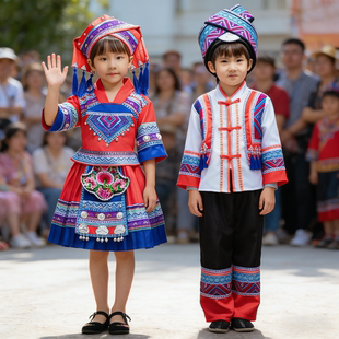 壮族服装儿童三月三广西新款盛装短裙少数民族演出服土家女童衣服