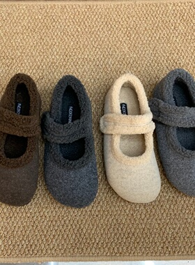 3CM内增高毛毛鞋女外穿魔术贴一字带玛丽珍鞋秋冬保暖加绒豆豆鞋