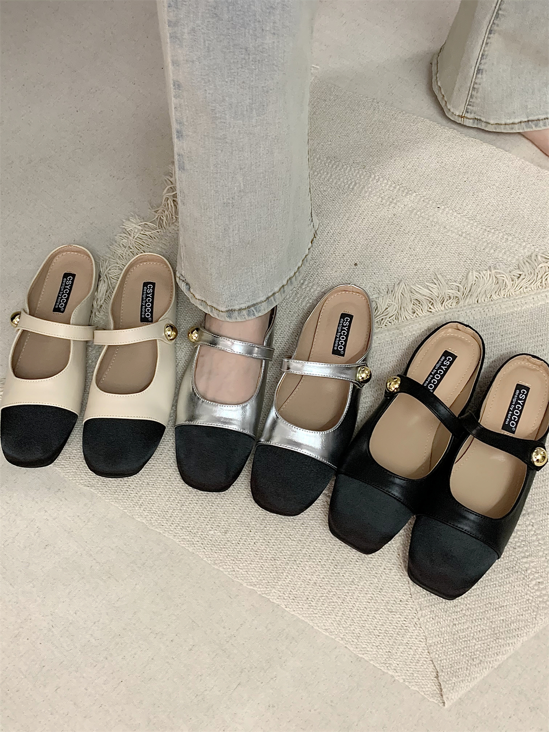 银色包头半拖鞋外穿女鞋2025年春夏新款软平底浅口方头玛丽珍单鞋