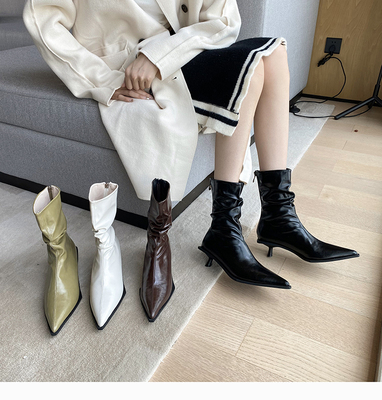 短靴女鞋尖头细跟后拉链女靴高跟