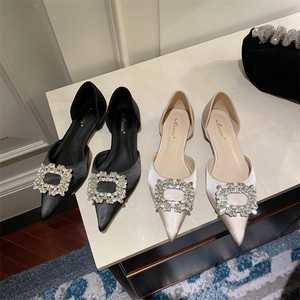 平底鞋女2023夏季新款尖头女鞋方头单鞋水钻气质女士百搭中空凉鞋