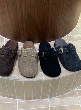 韩版复古晚晚风呢子包头半拖鞋女外穿一脚蹬厚底灰色毛毡勃肯鞋女