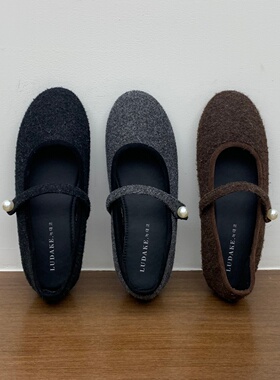 法式一字带玛丽珍晚晚鞋女秋冬小香风平底浅口圆头呢子灰色单鞋子