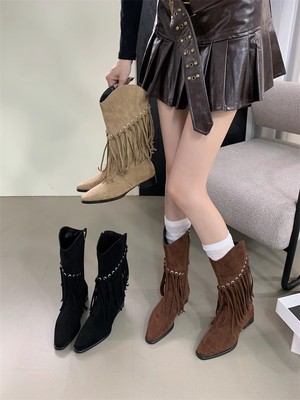 粗跟复古西部牛仔靴女2024