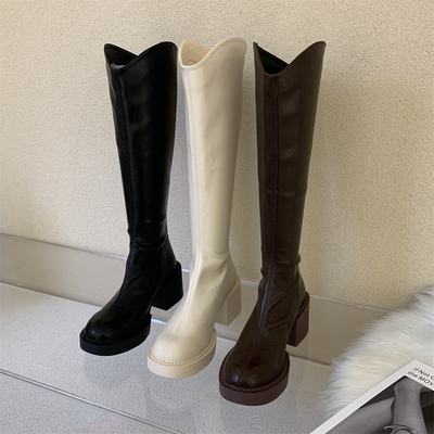 黑色高跟小众棕色长筒骑士靴