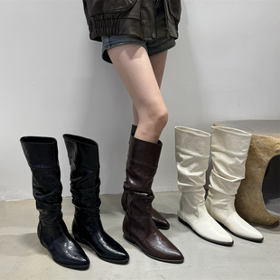 内增高小个子白色堆堆中筒骑士靴女鞋2025秋冬季瘦瘦靴长筒长靴子