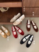 仙女鞋 子2025新款 春秋冬季 复古平底绒面玛丽珍单鞋 红色温柔晚晚鞋