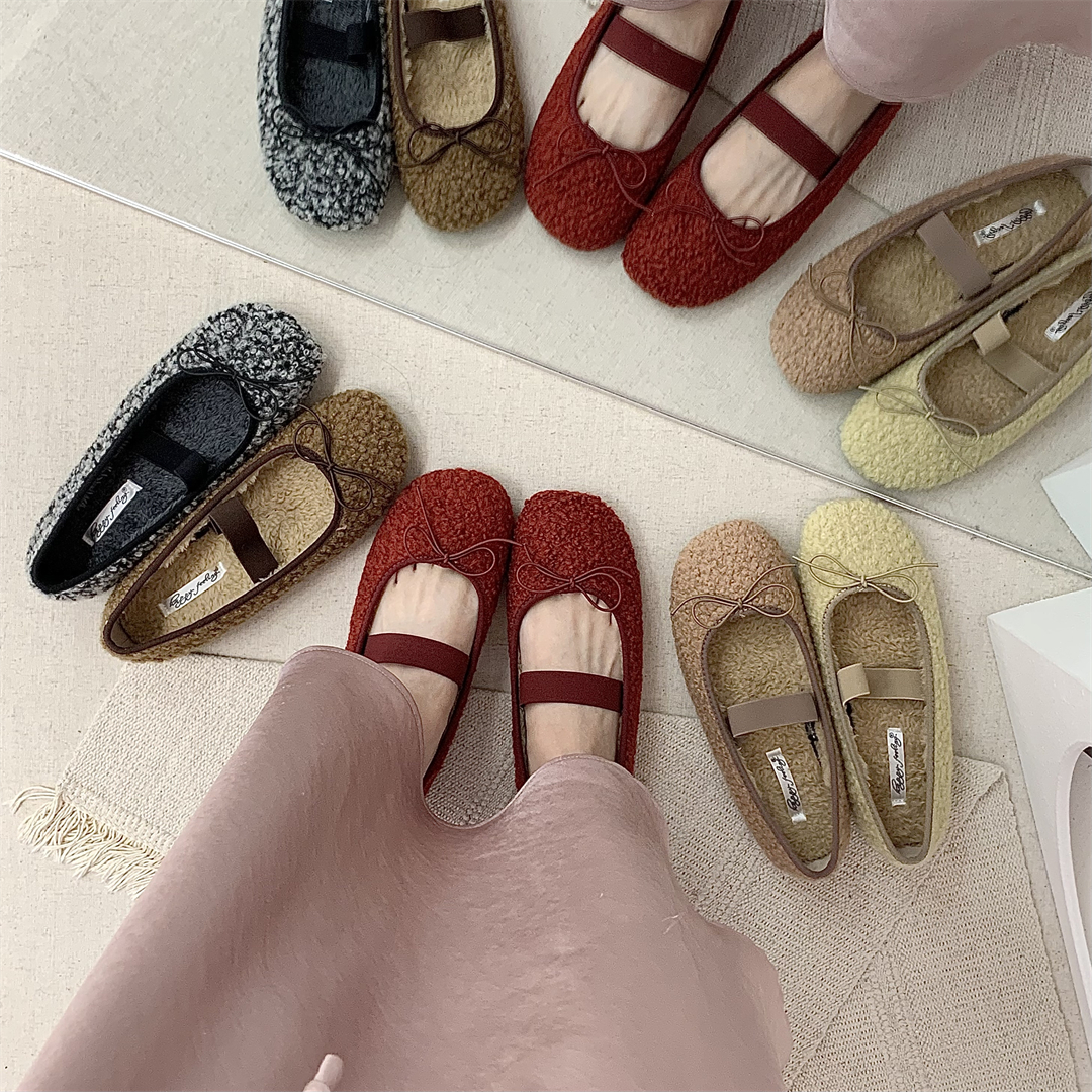 平底红色加绒松紧带圆头软底