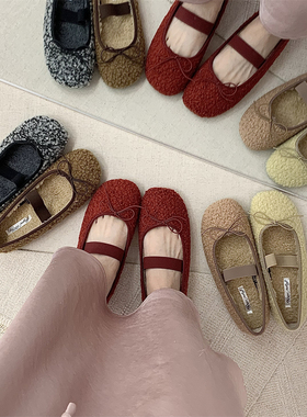 法式平底红色晚晚单鞋女鞋子2025新款秋冬季外穿加绒玛丽珍毛毛鞋