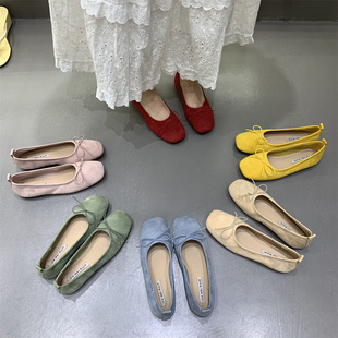 法式 软底浅口黄色奶奶单鞋 女新款 蝴蝶结仙女风芭蕾舞配裙子豆豆鞋